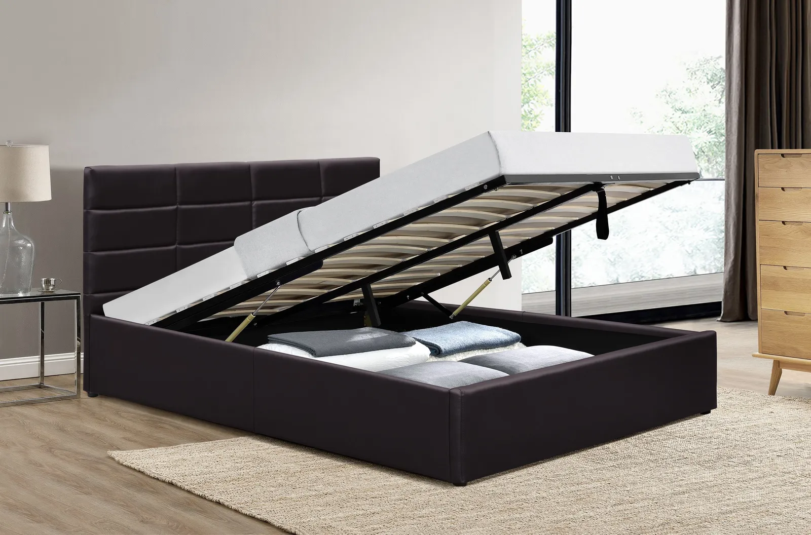 Comfy Living Ltd PU Faux Leather Gas Lift Ottoman Bedframe in Dark Brown