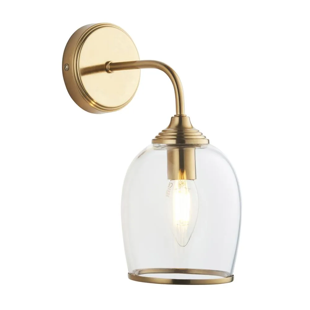 Netlighting Ashcroft Dome Wall Lamp Brushed Aged Brass Plate & Clear Glass E14 in Gold