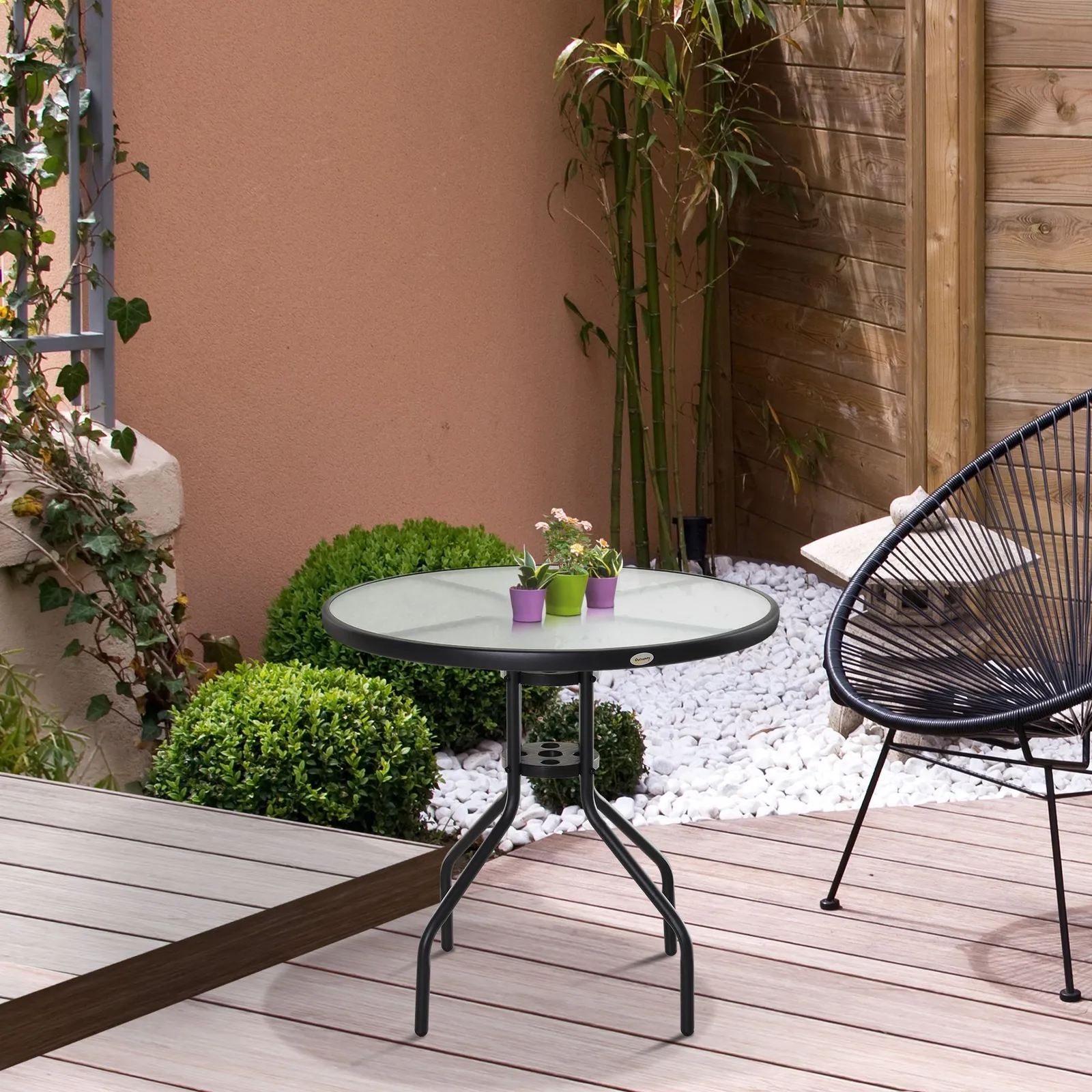 OUTSUNNY 80cm Outdoor Round Dining Table Garden Patio Tempered Glass Top w/ in Black
