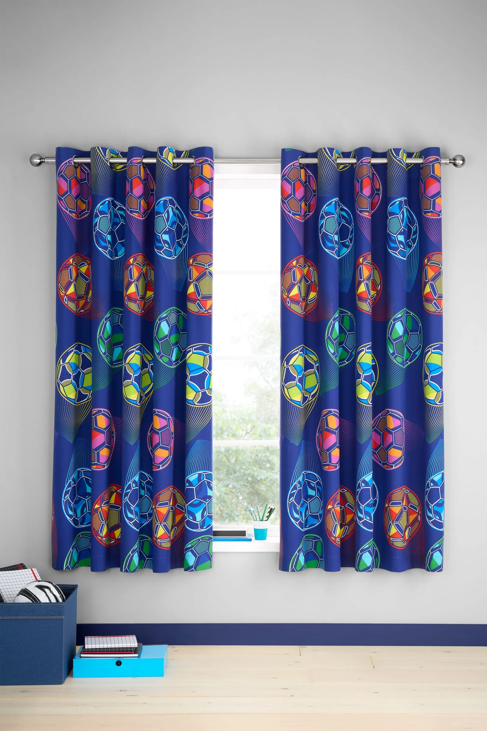 Catherine Lansfield 'Bright Football' Fully Reversible Eyelet Curtains in Navy