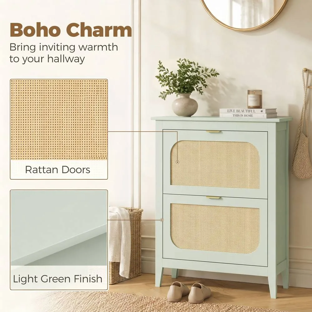 HOMCOM Boho Slim Shoe Cabinet with Rattan Doors, Holds 14 Pairs, Green in Light Green 4