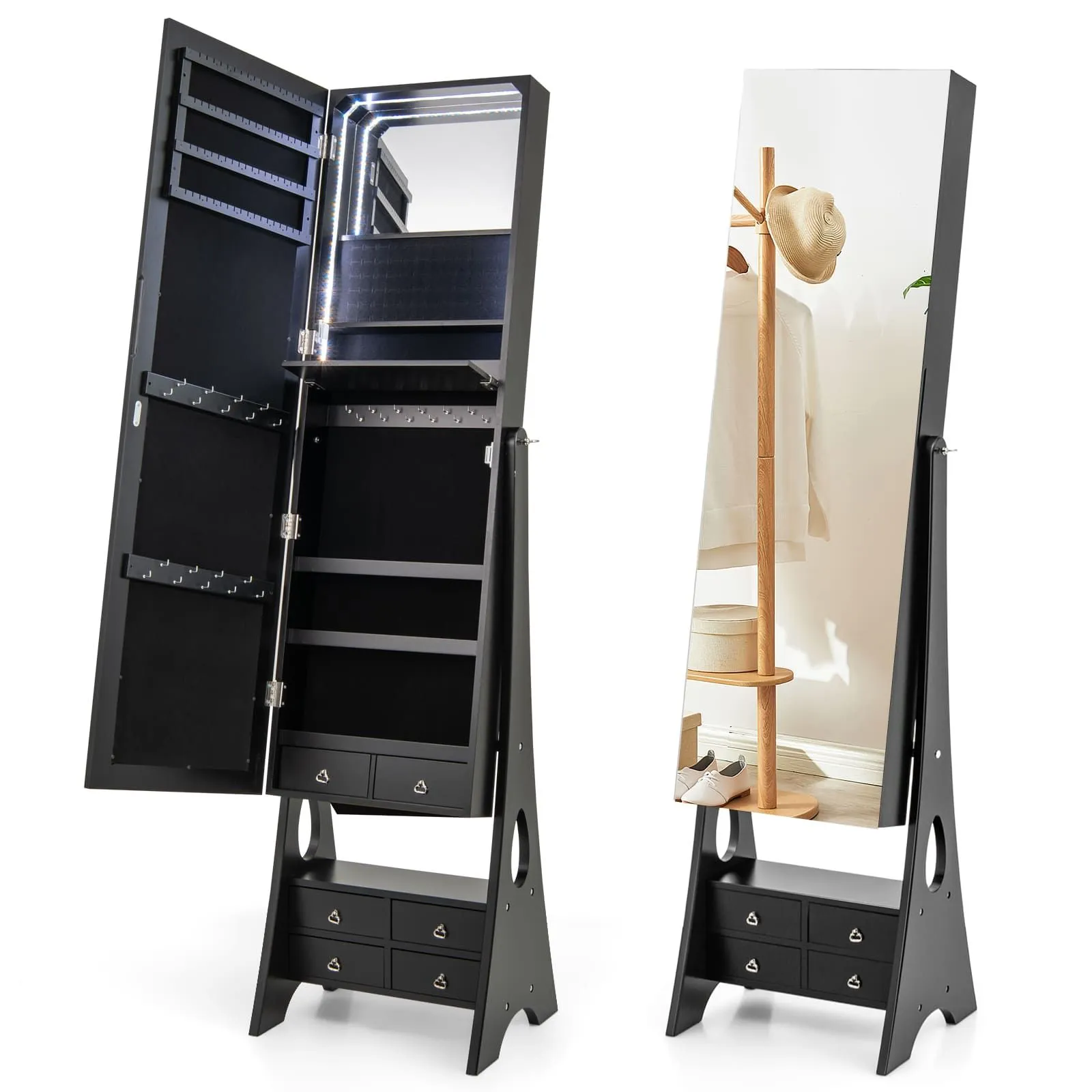 Costway Jewelry Cabinet 3-color LED Lighted Jewelry Organizer Armoire in Black