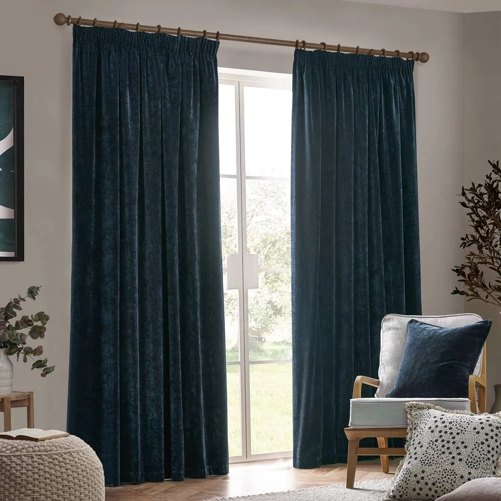 Yard Heavy Chenille Blackout Pencil Pleat Curtain Pair in Navy 2