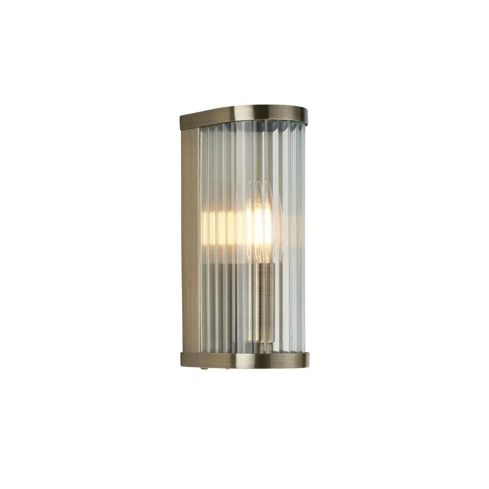 Netlighting Ridgeton Wall Lamp Antique Brass Plate & Clear Ribbed Glass E14 in Gold