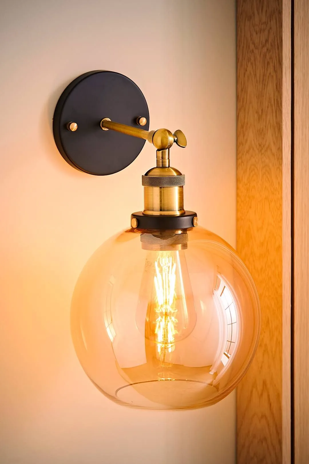 ValueLights Sheridan Industrial Amber Glass Bowl Gold Trim Black Wall Light with LED Bulb in Orange 2
