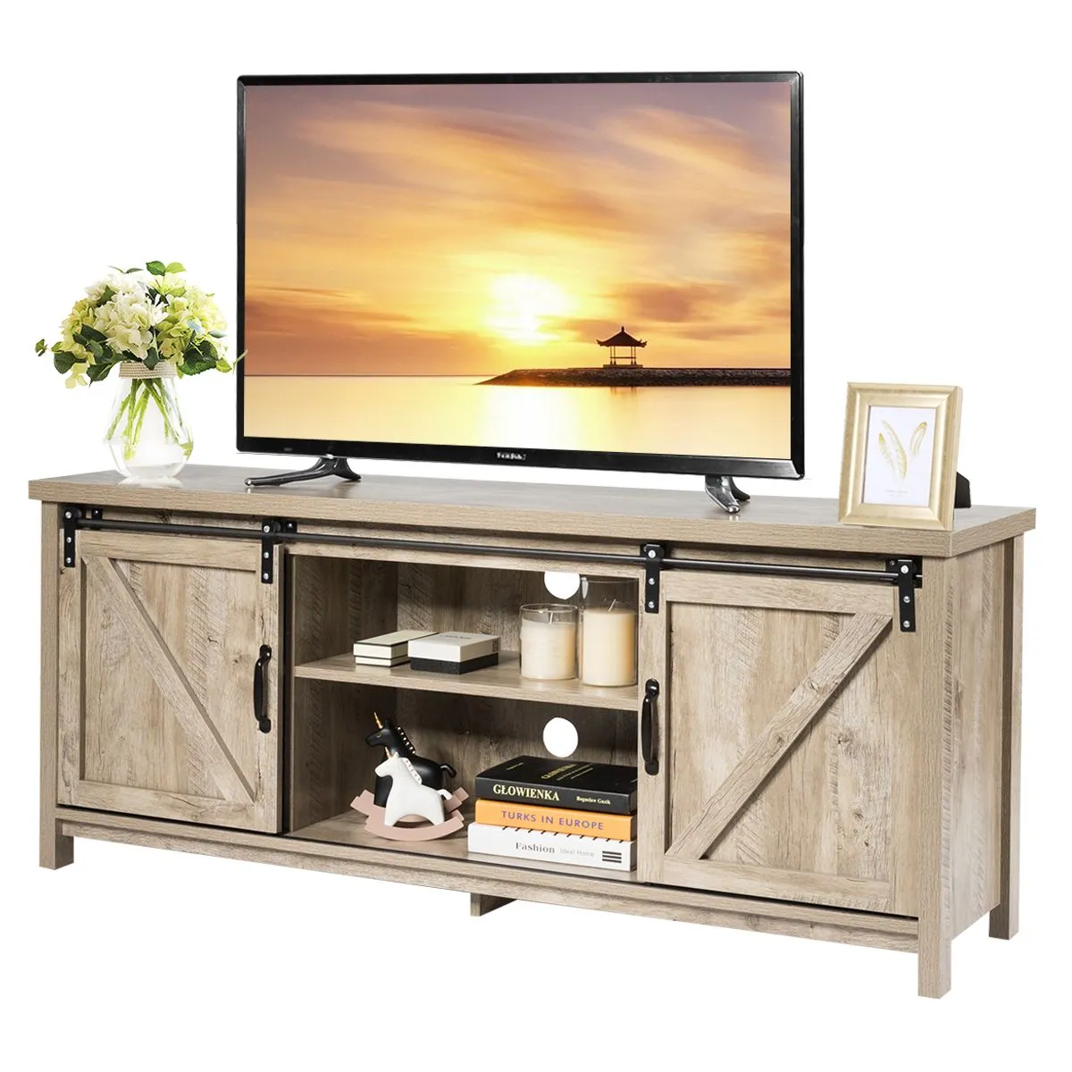 Costway Modern TV Cabinet for 60" Wooden Media Storage Shelves Stand W/ Cabinets in Grey 5