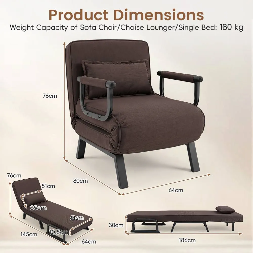 Costway Convertible Sleeper Chair Folding Sofa Bed with Adjustable Backrest in Brown 2