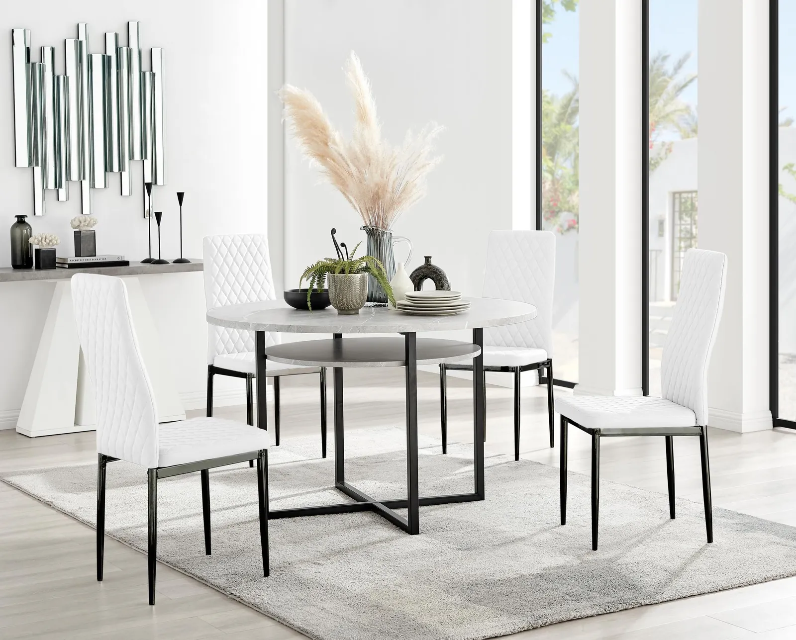 FurnitureboxUK Adley Grey Concrete Effect & Black Round Dining Table with Shelf & 4 Faux Leather Milan Dining Chairs in White 1