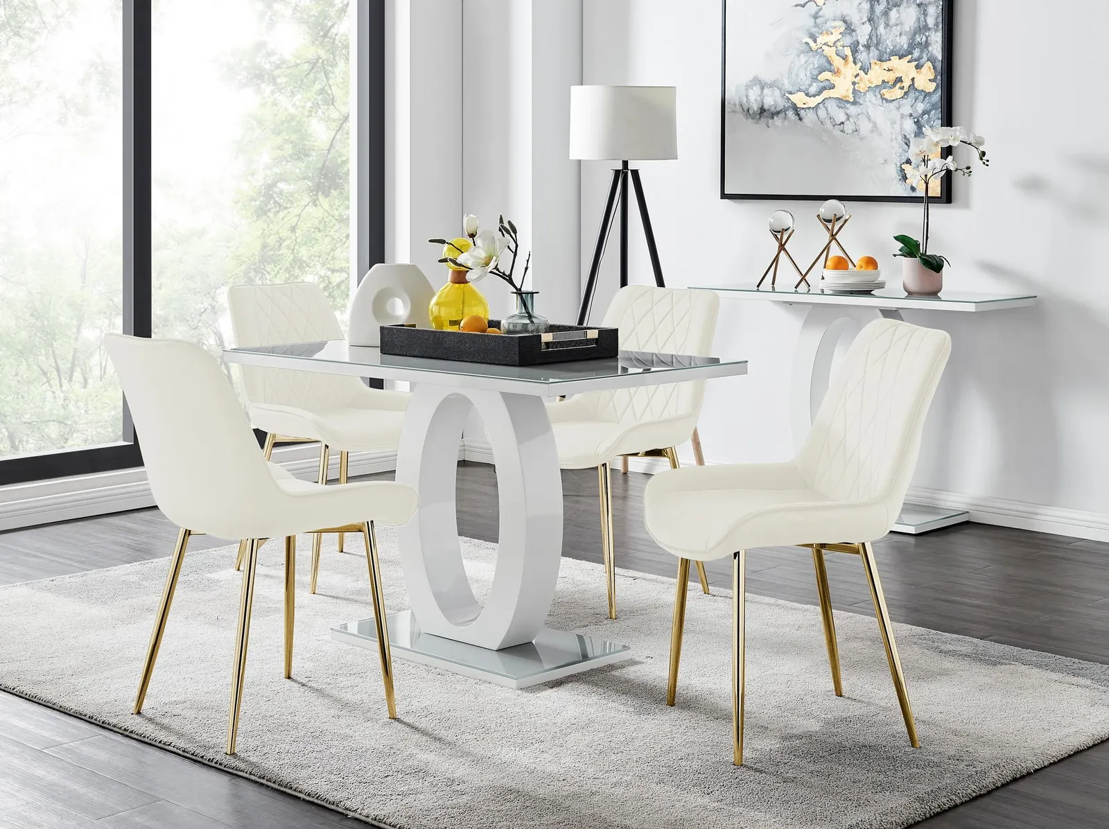 FurnitureboxUK Giovani 4 Grey Dining Table & 4 Pesaro Gold Leg Chairs in Cream