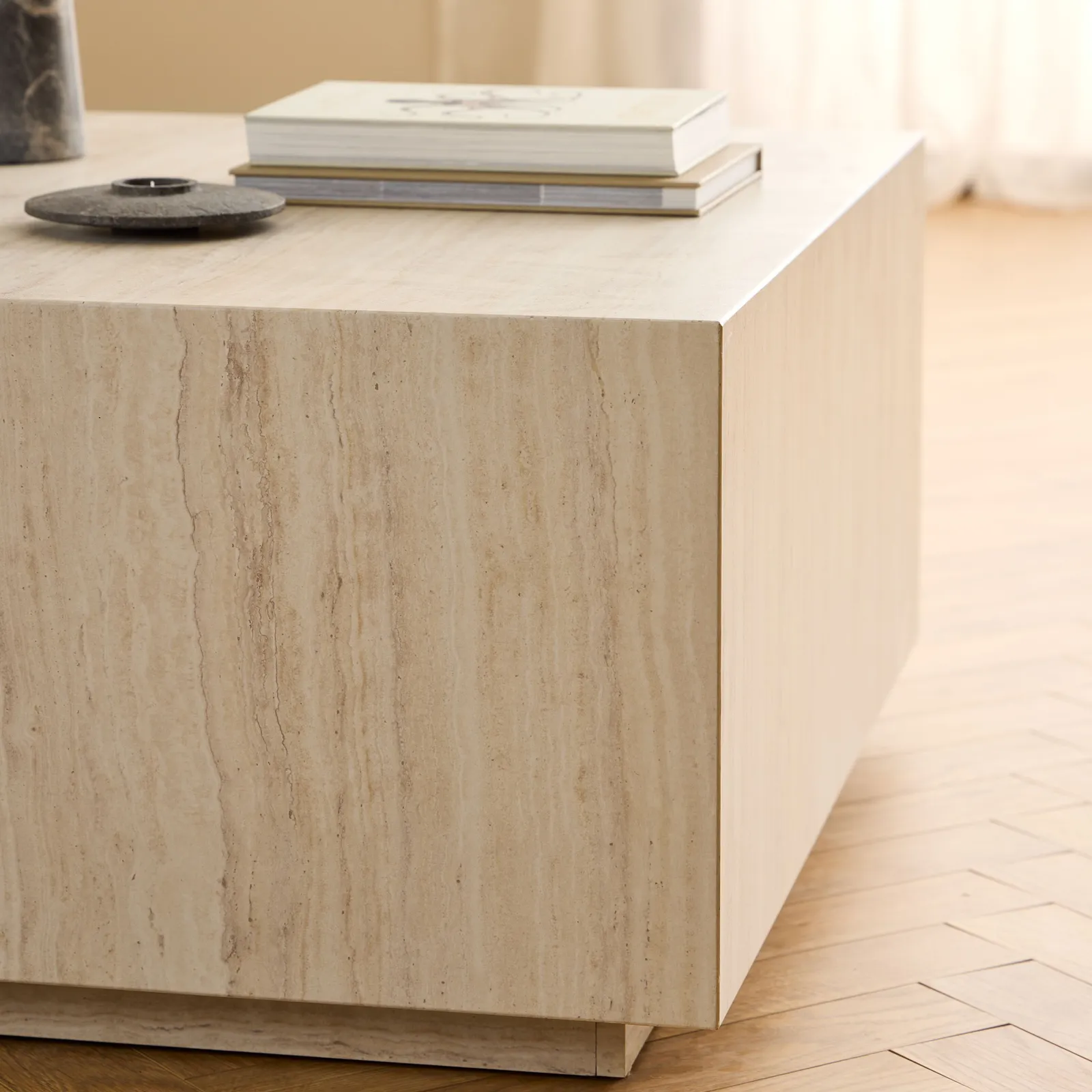 Furniture To Go Dice Square Coffee Table in Light Travertine Effect 90x90x42cm in Beige 4