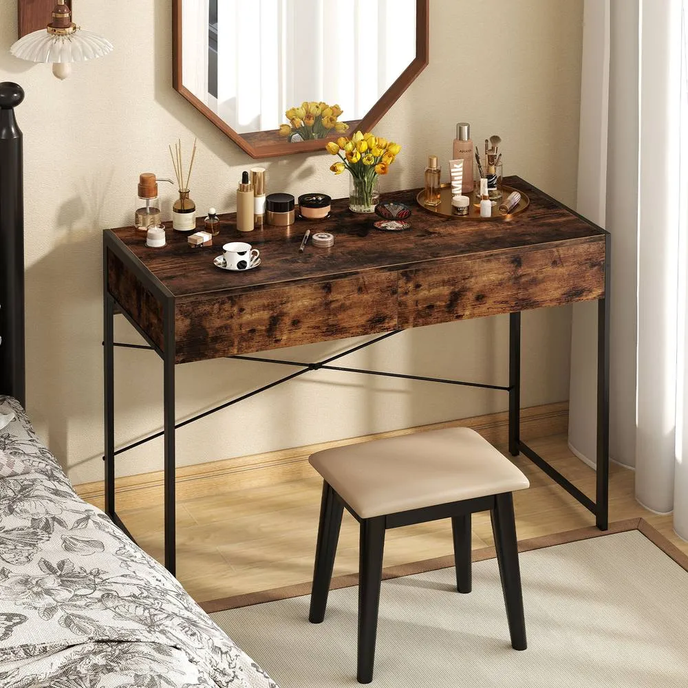 Costway Computer Desk Compact Writing Desk with 2 Drawers-Brown in Brown