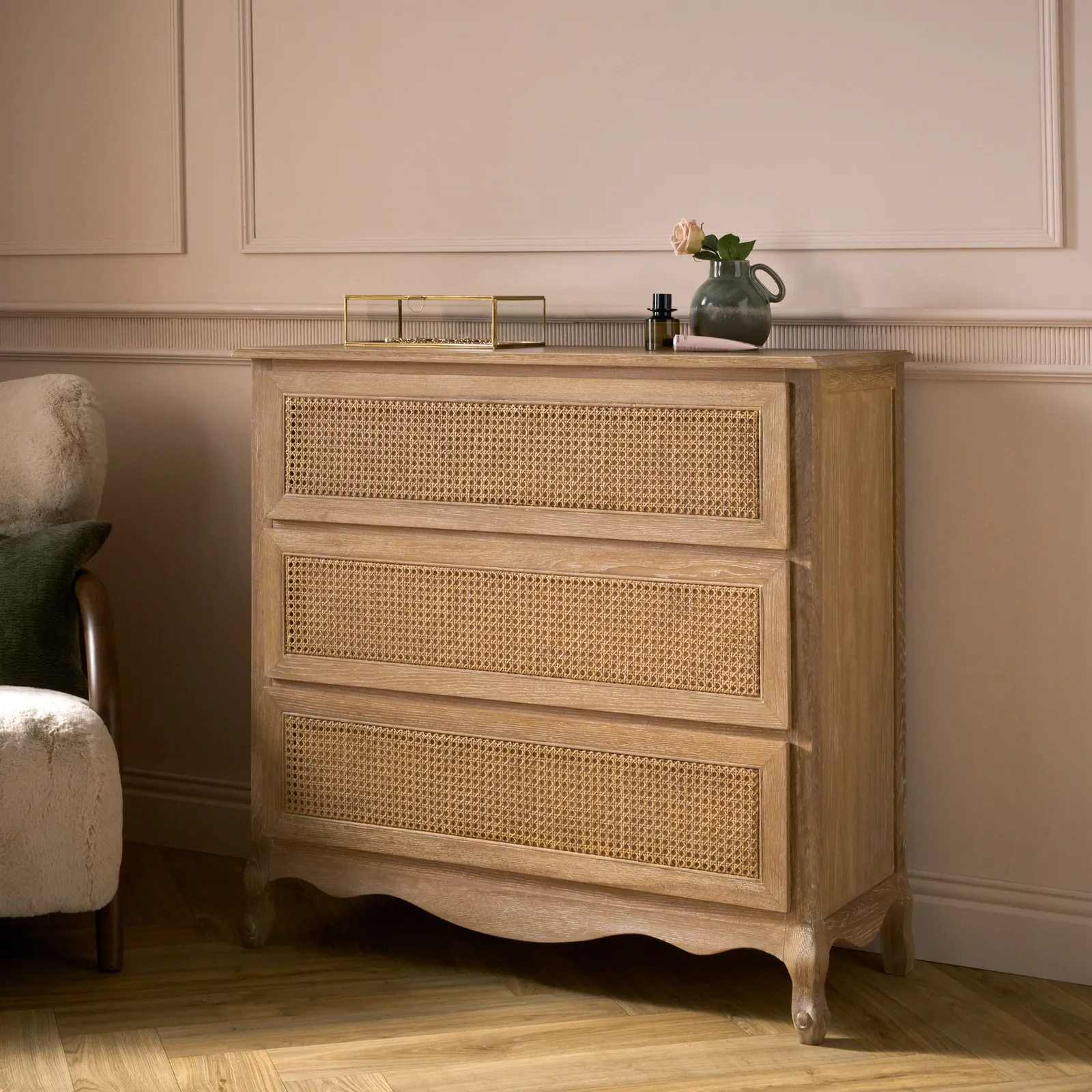 Sienna Beau Rattan 3 Drawer Chest, Weathered Oak / Rattan