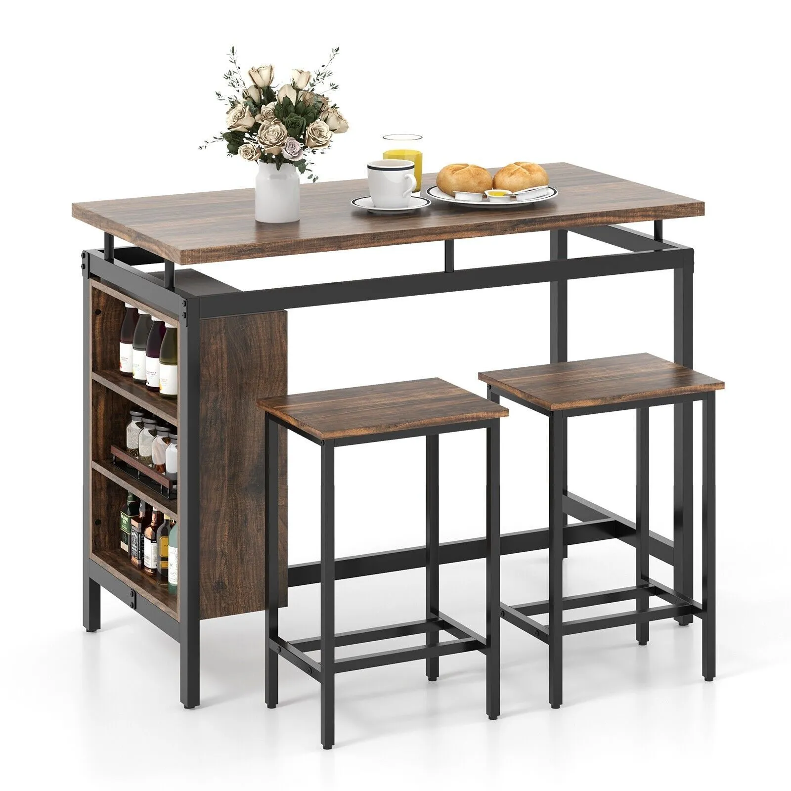 Costway 3Pcs Dining Table Set Counter-Height Dining Table & 2 Bar Stool in Brown