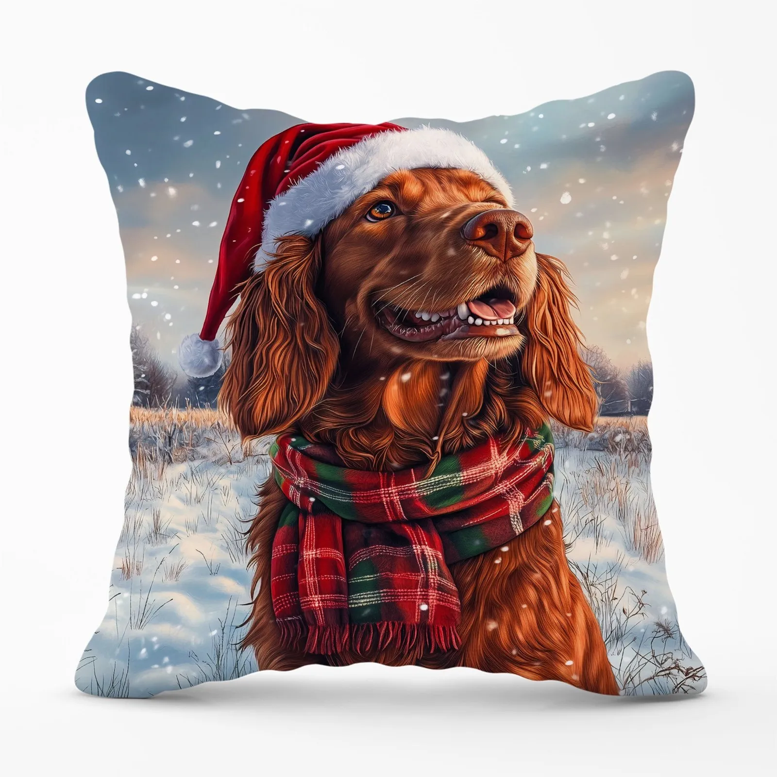Warren Reed - Designer Snowy Christmas Irish Setter Cushion in Brown