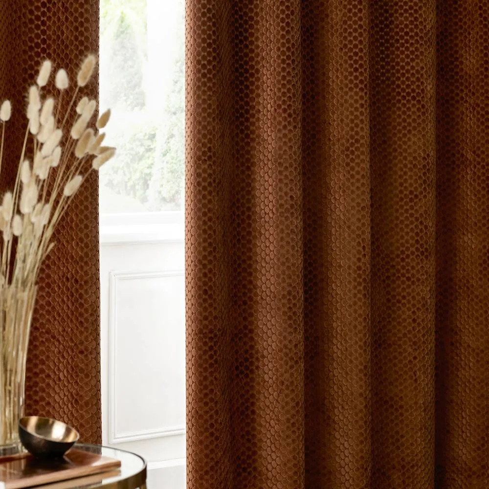 Paoletti Neptune Fully Lined Velvet Eyelet Curtain Pair in Copper 5
