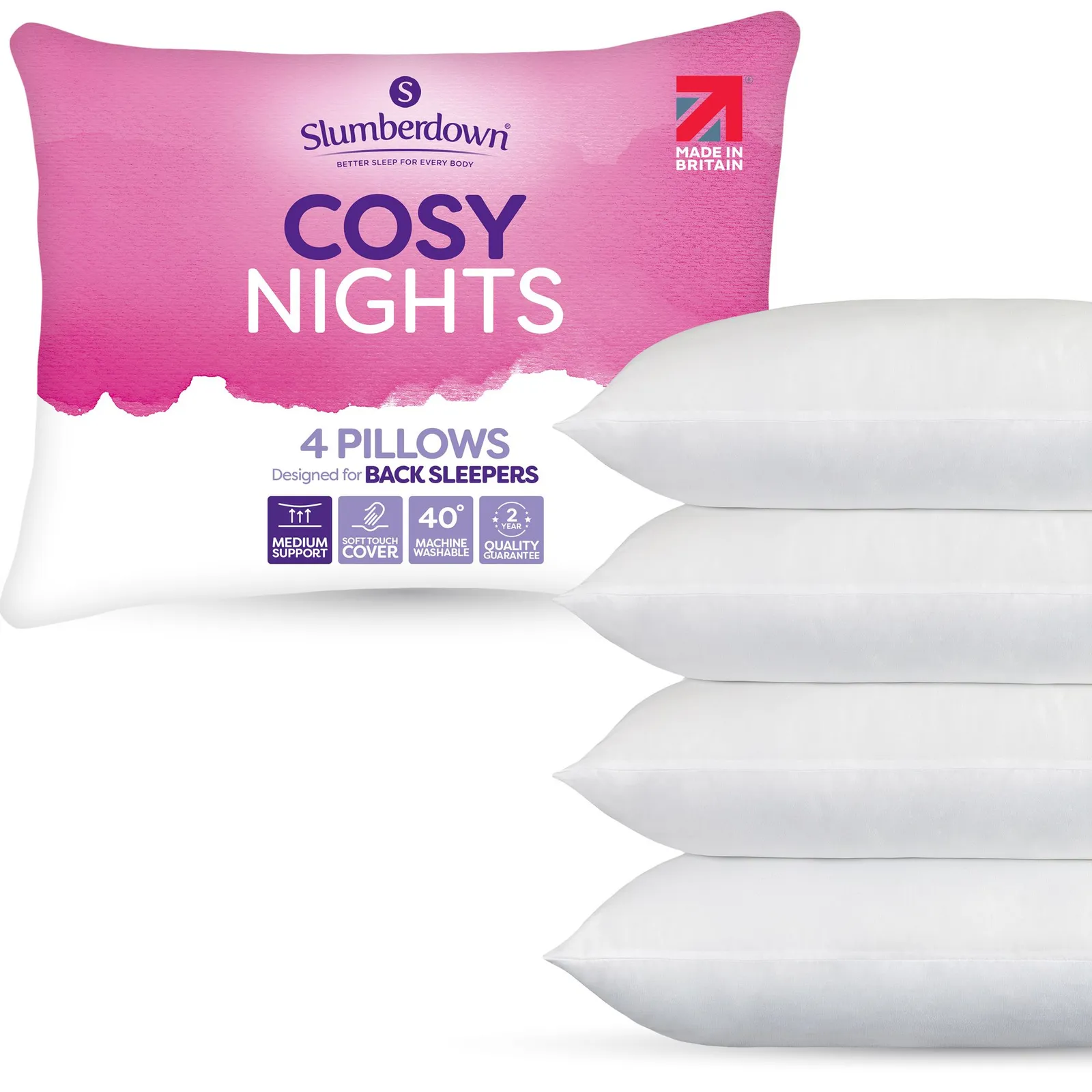 Slumberdown 4 Pack Cosy Nights Medium Support Back Sleeper Pillows in White