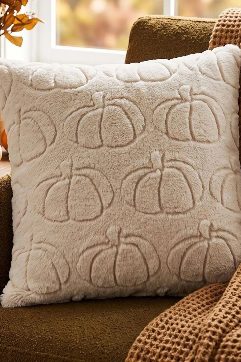 Homescapes Faux Fur Textured Pumpkin Cushion with Cover in Cream 2