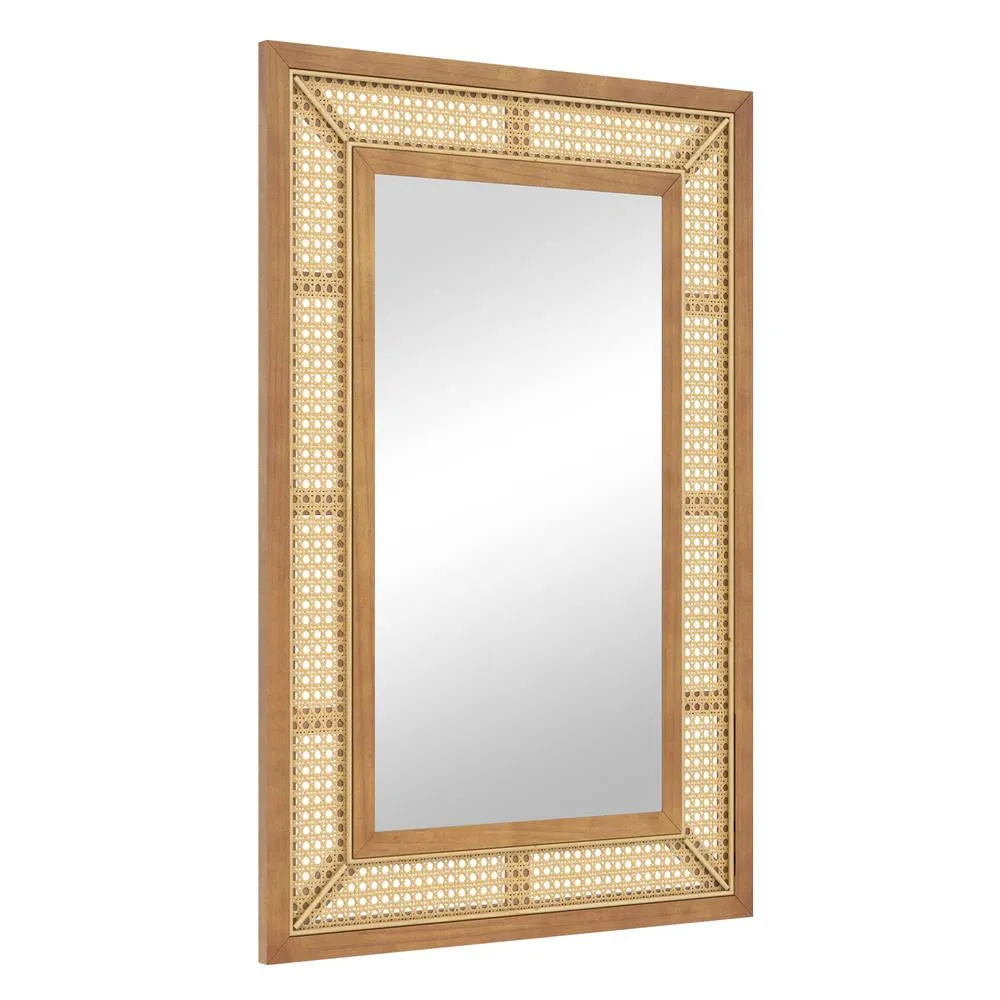 Costway Rattan Wall Mirror with Bohemian Rectangular Wooden Frame in Brown