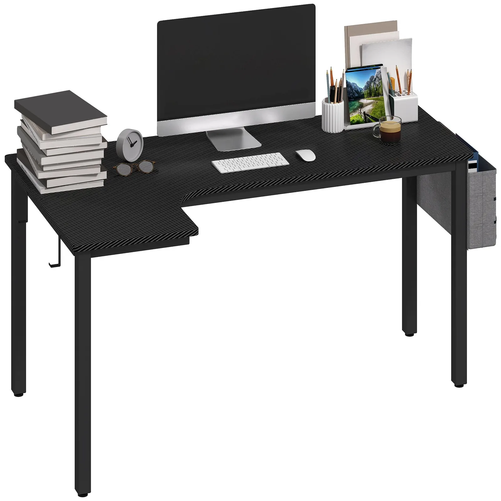 HOMCOM L-Shaped Corner Desk Computer with Fabric Bag & Hooks, Black 2