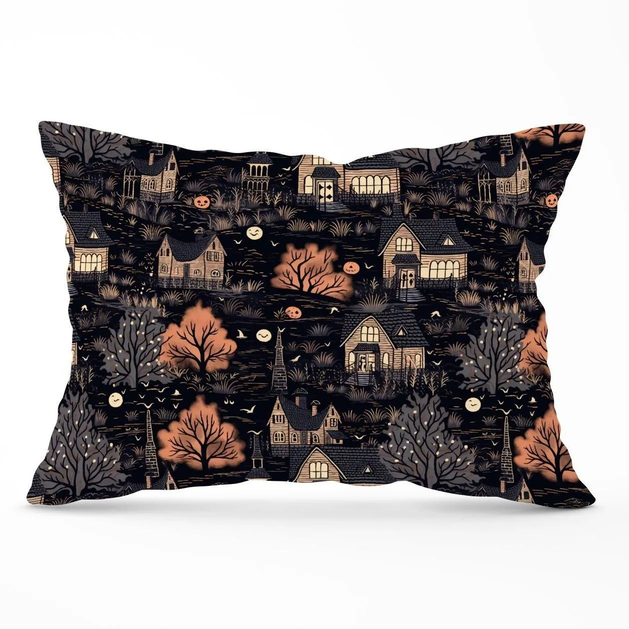 Warren Reed - Designer Spooky Haunted Houses Pattern Cushions in Brown