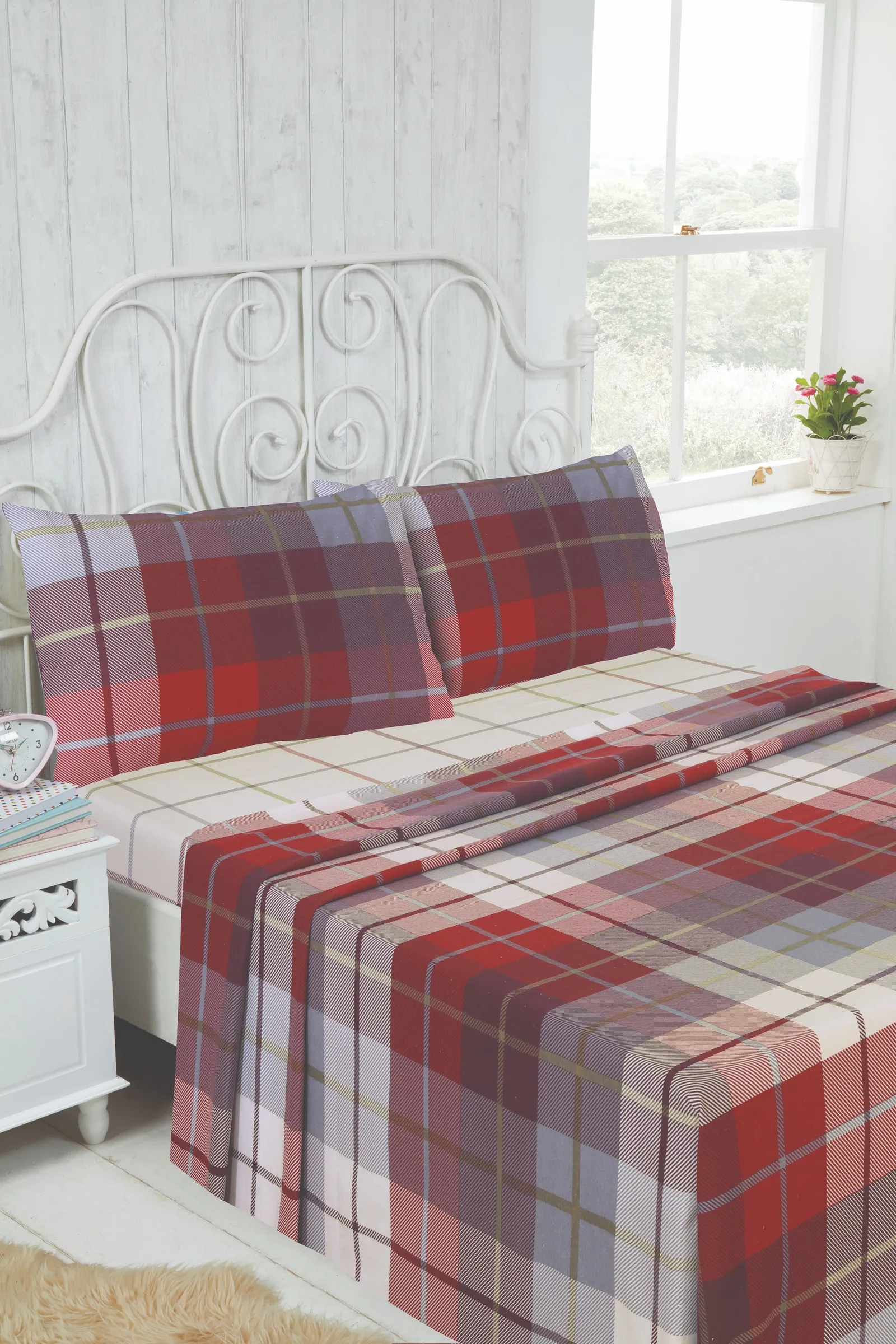 Rapport Home Lomond Brushed Cotton Check Luxury Flannelette Complete Sheet Set in Red