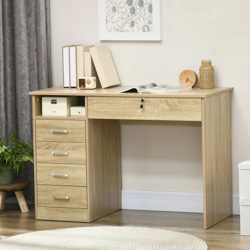 HOMCOM Computer Desk Writing Desk with Five Drawers for Home Office Oak in Brown 2