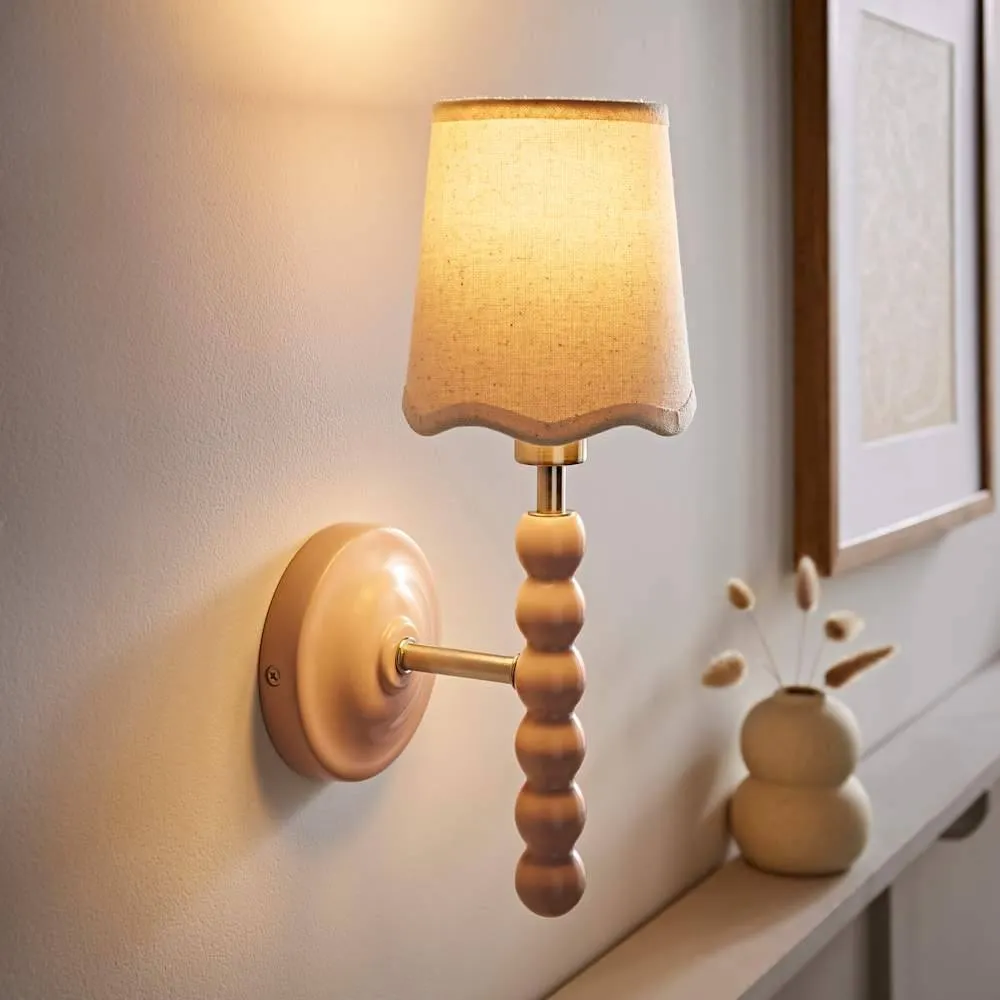ValueLights Bobbins Pastel Bobble Wall Light & Natural Linen Lamp Shade & Bulb in Pale Pink 2