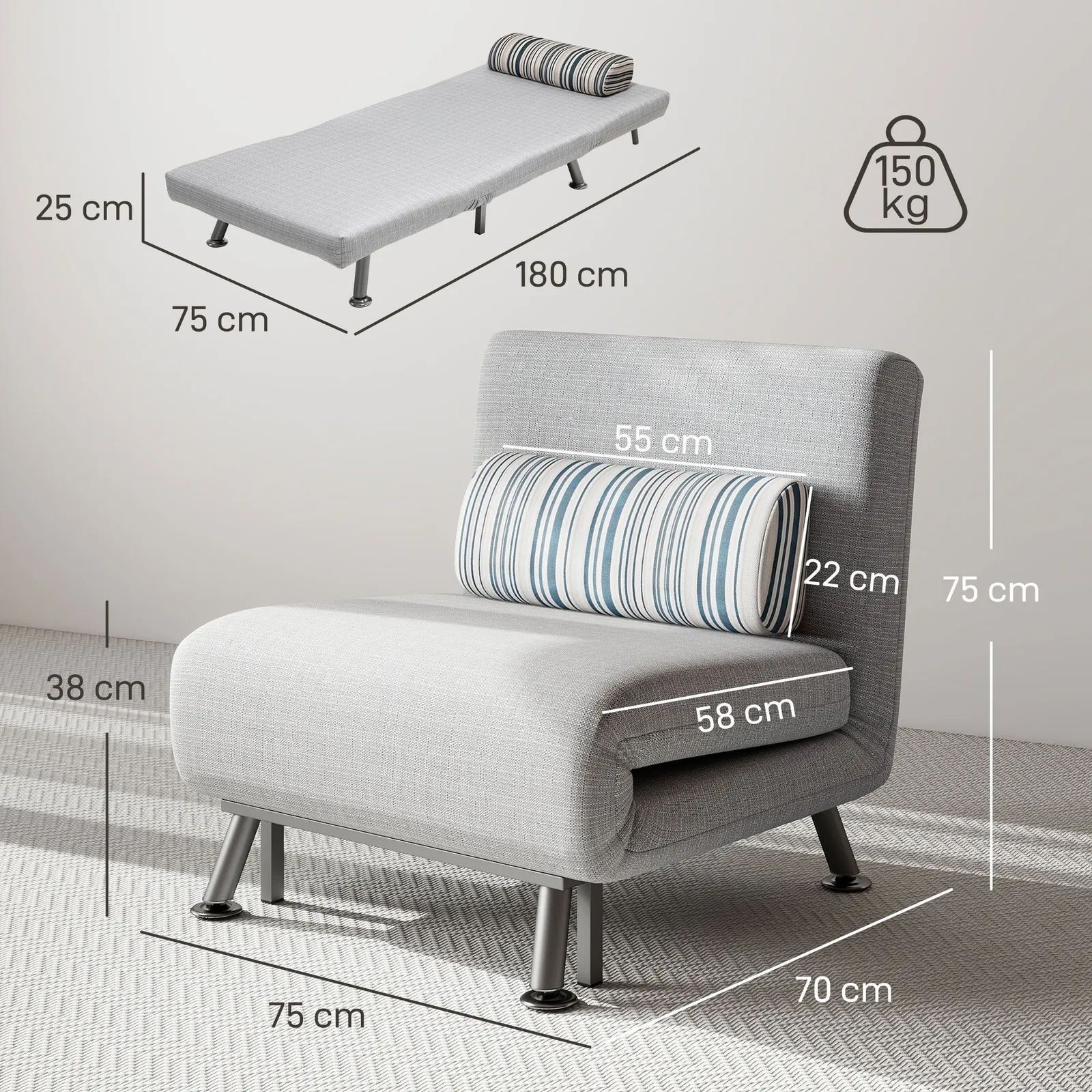 HOMCOM Single Folding 5 Position Convertible Sleeper Chair Sofa Bed in Light Grey 3