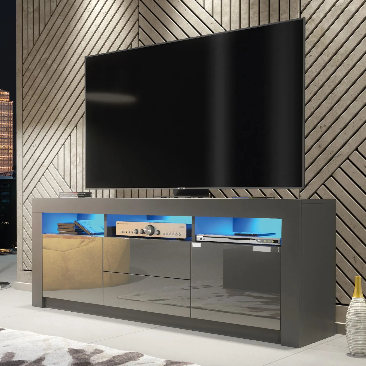 Creative Furniture Shine TV Unit 160cm - A Bright & Stylish Cabinet with Gloss Doors & LED Lights in Dark Grey 4