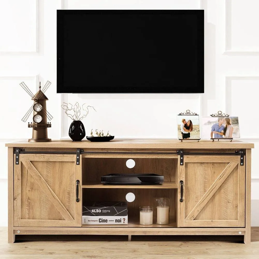 Costway Modern TV Stand for 60-Inch TV Wooden Media Storage Cabinet Organizer in Natural 5