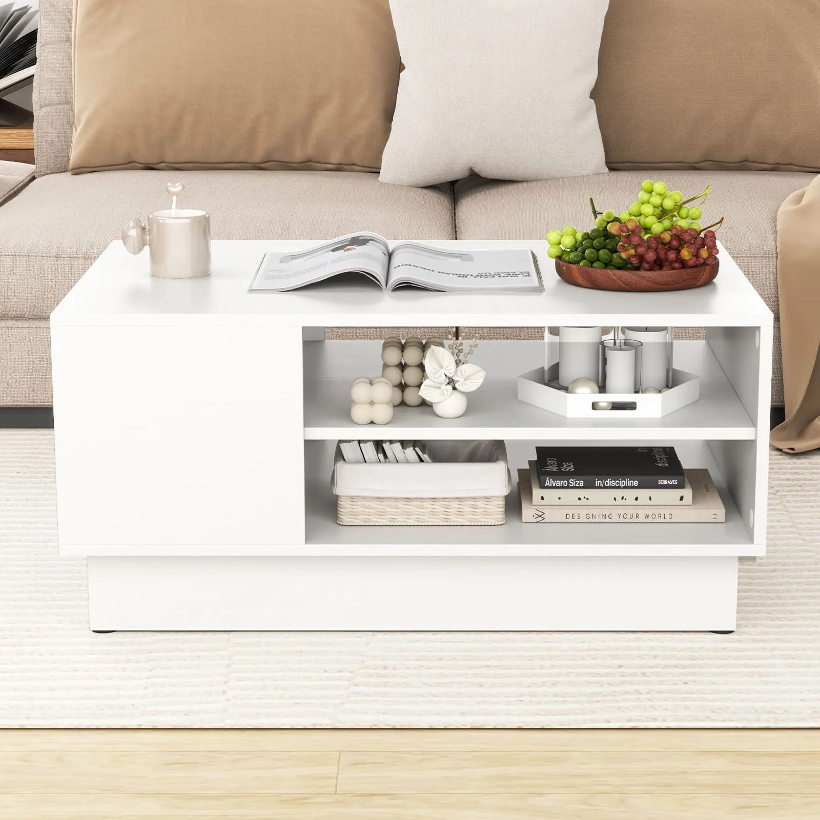 Costway Modern Coffee Table 86cm Long Rectangle Center Table w/ Storage Shelves in White 4