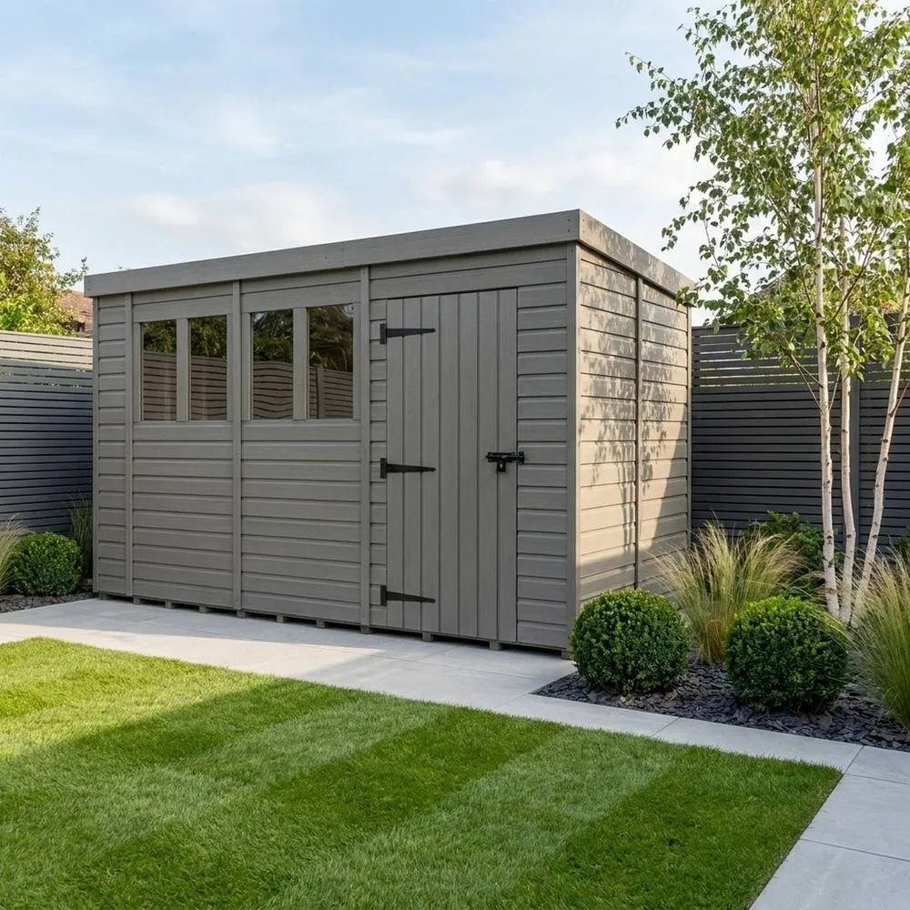 Buttercup Farm 13ft x 9ft Composite Pent Garden Shed Single Door With Windows in Grey 2