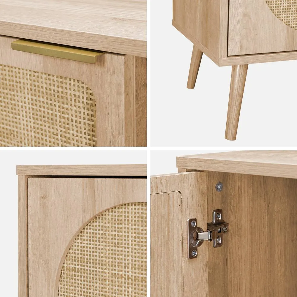 sweeek 120cm Tv Unit Woodenn Effect Rounded Cane Rattan 2 Doors in Light Brown 4