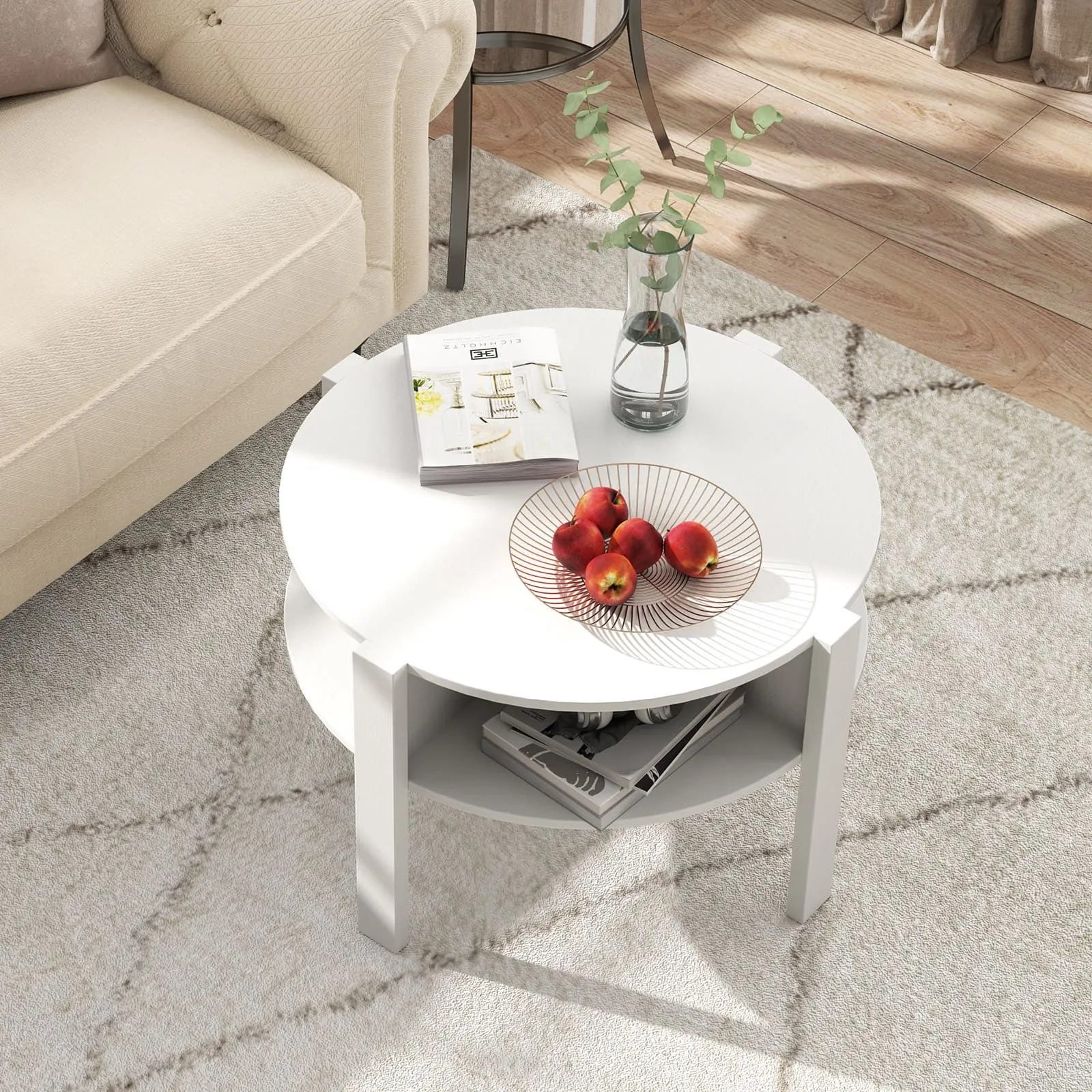 Costway 2-Tier Round Coffee Table 74cm Tea Cocktail Table w/ Storage in White 3