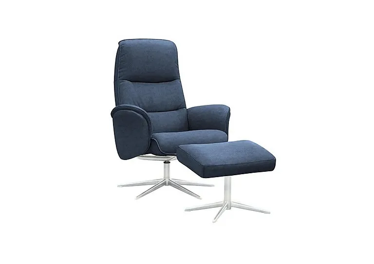 Falum Fabric Swivel Recliner Chair and Footstool with Chrome Base - Stingray Indigo