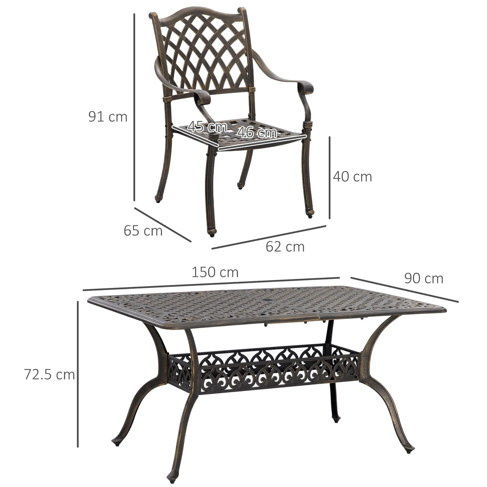 OUTSUNNY 7-PC Cast Aluminum Patio Dining Set w/ Umbrella Hole & Cushion in Bronze 3