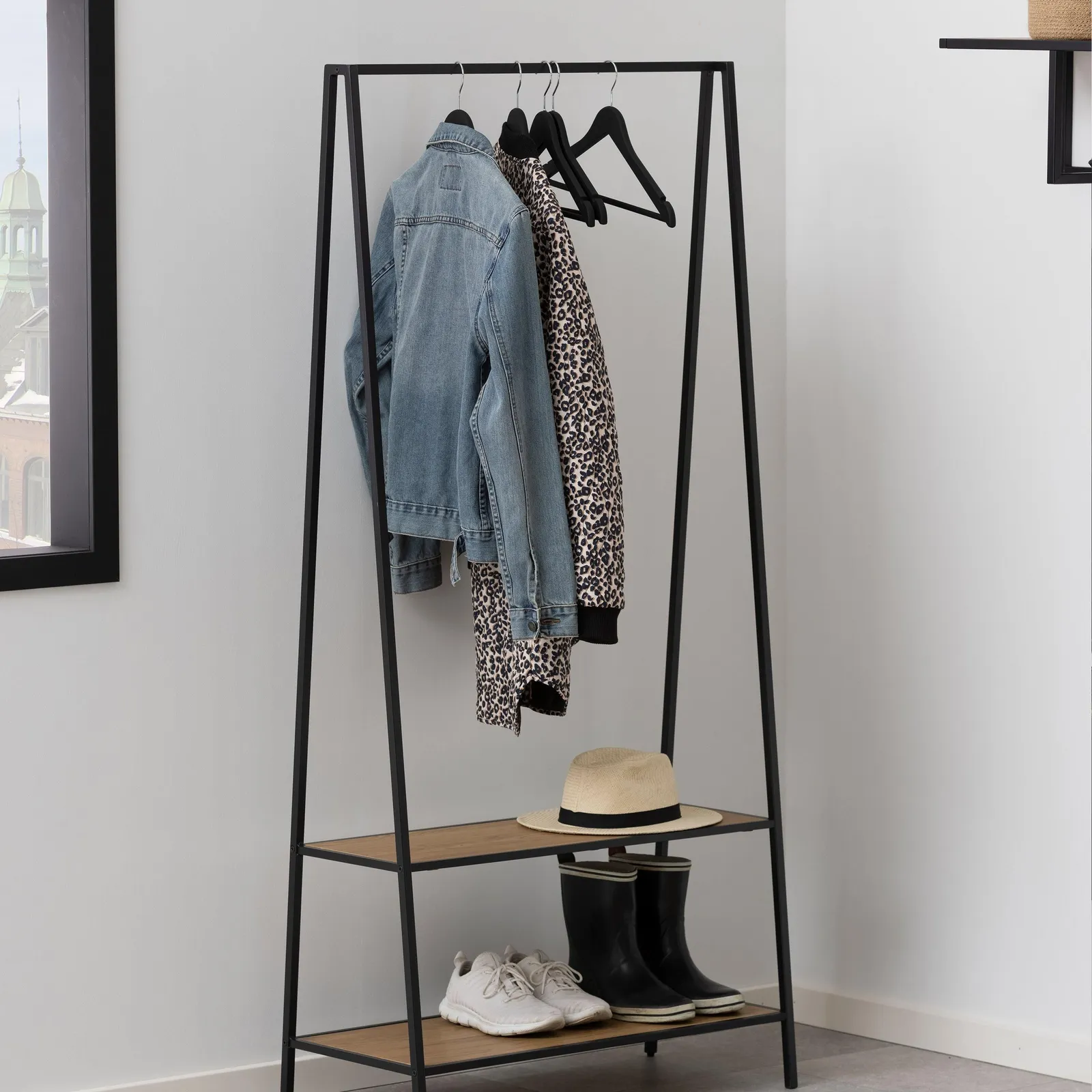 Furniture To Go Seaford Black Metal Clothes Rack with 2 Oak Shelves 5