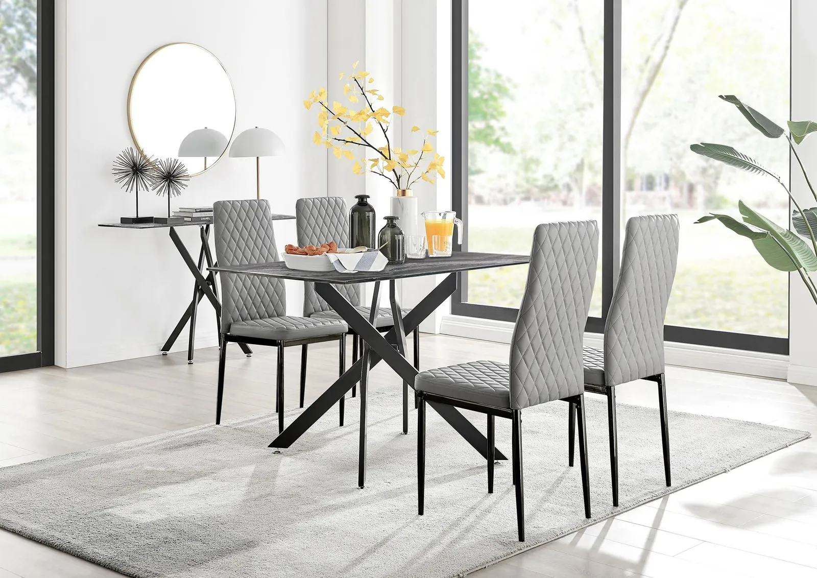 FurnitureboxUK Leonardo Grey Glass Marble Effect Black Leg Table & 4 Milan Black Leg Chairs 1