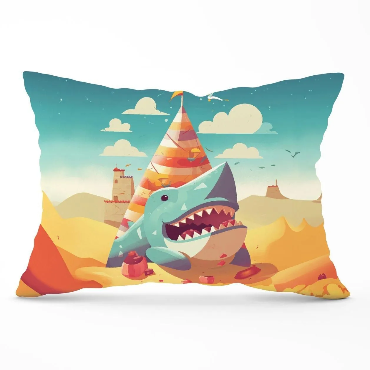 Warren Reed - Designer Shark On A Beach Holiday Cushions in Yellow