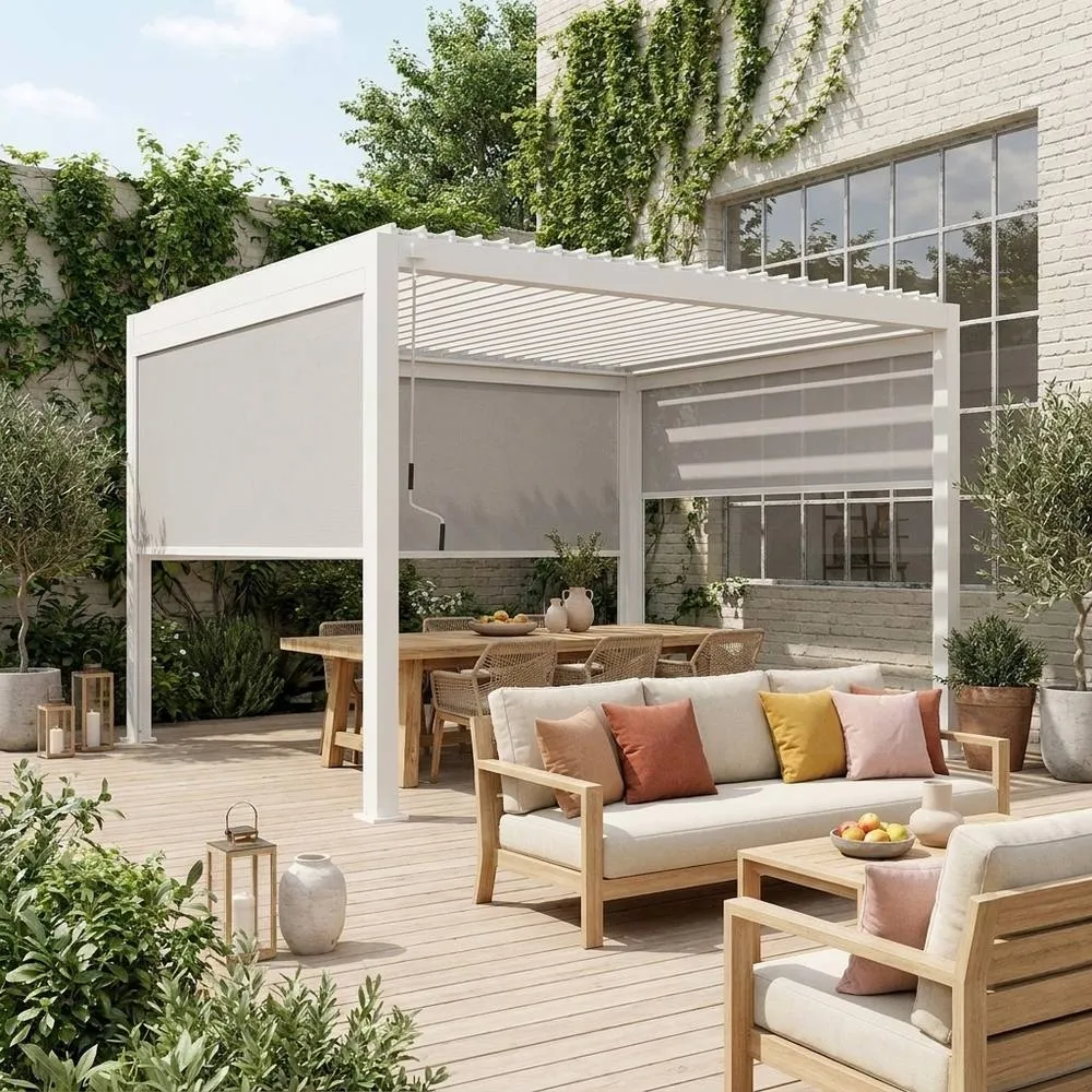 sweeek Louvered Pergola Aluminium 4 X 3m With 2 3m Blinds & A 4m Blind in White