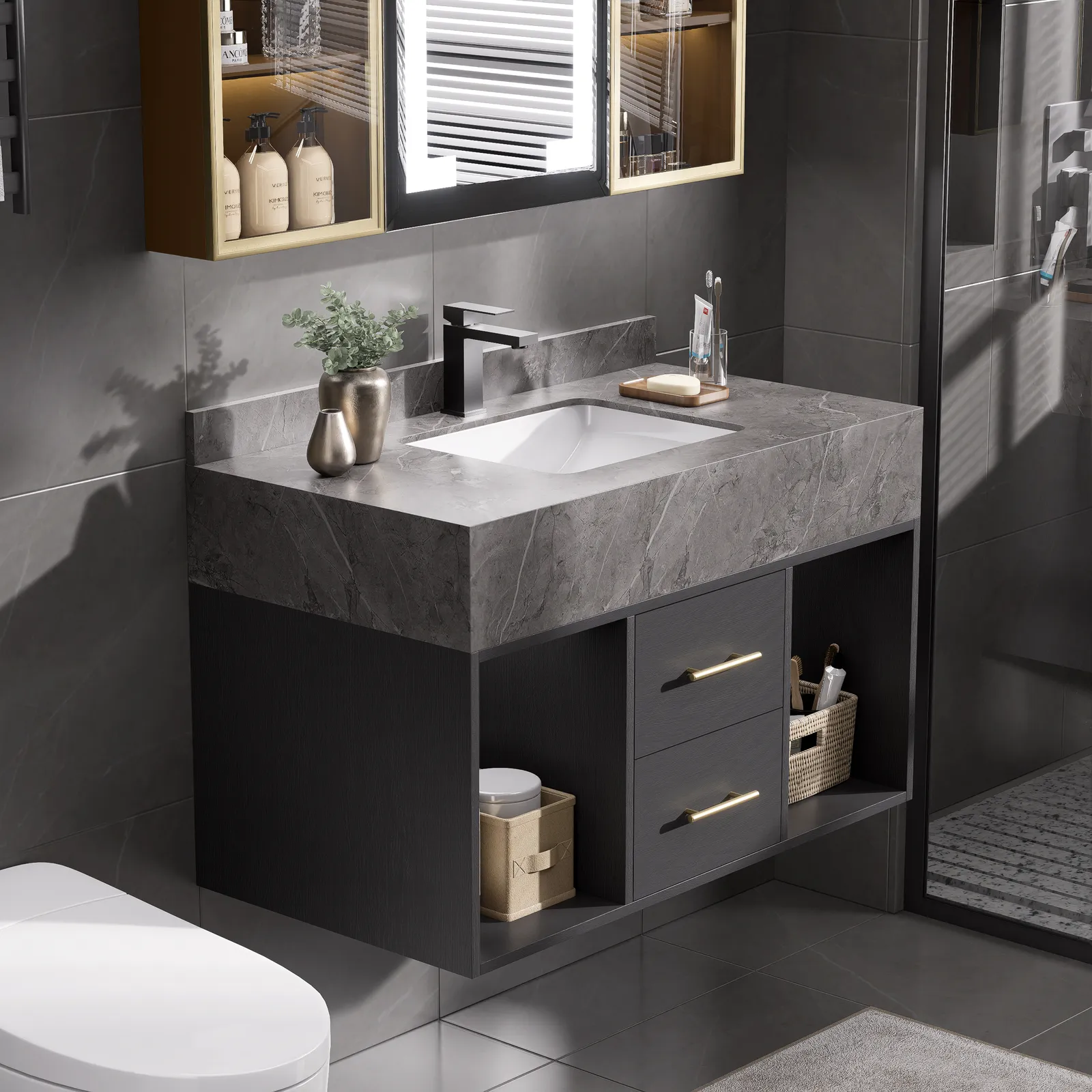 90 cm Floating Bathroom Vanity with Sintered Stone Vessel Sink with 2 Drawers