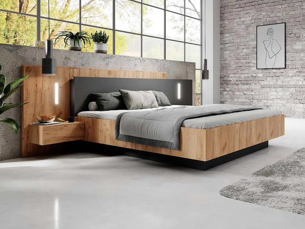 Vente-unique Bed With Bedside Tables 160 X 200 Cm - 2 Drawers - With LED Lighting in Grey 4