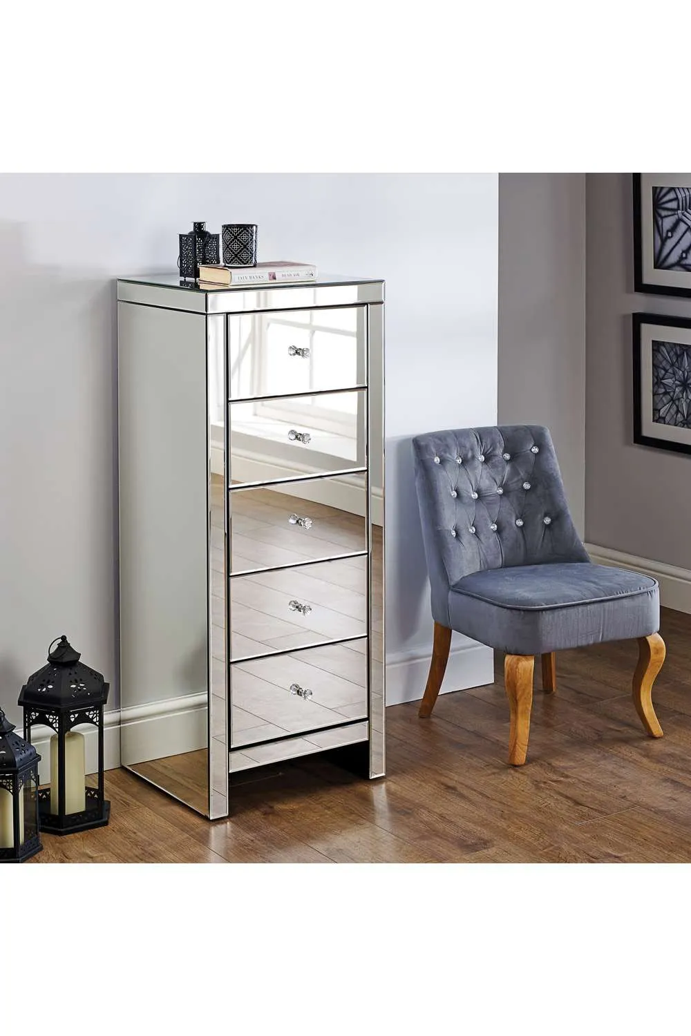 Birlea Seville 5 Drawer Narrow Chest Mirrored in Silver