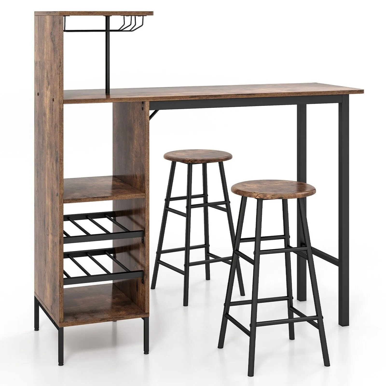 Costway 3PCS Bar Table Chair Set Industrial Dining Table Stools w/ Glass Holders & Wine Racks in Brown