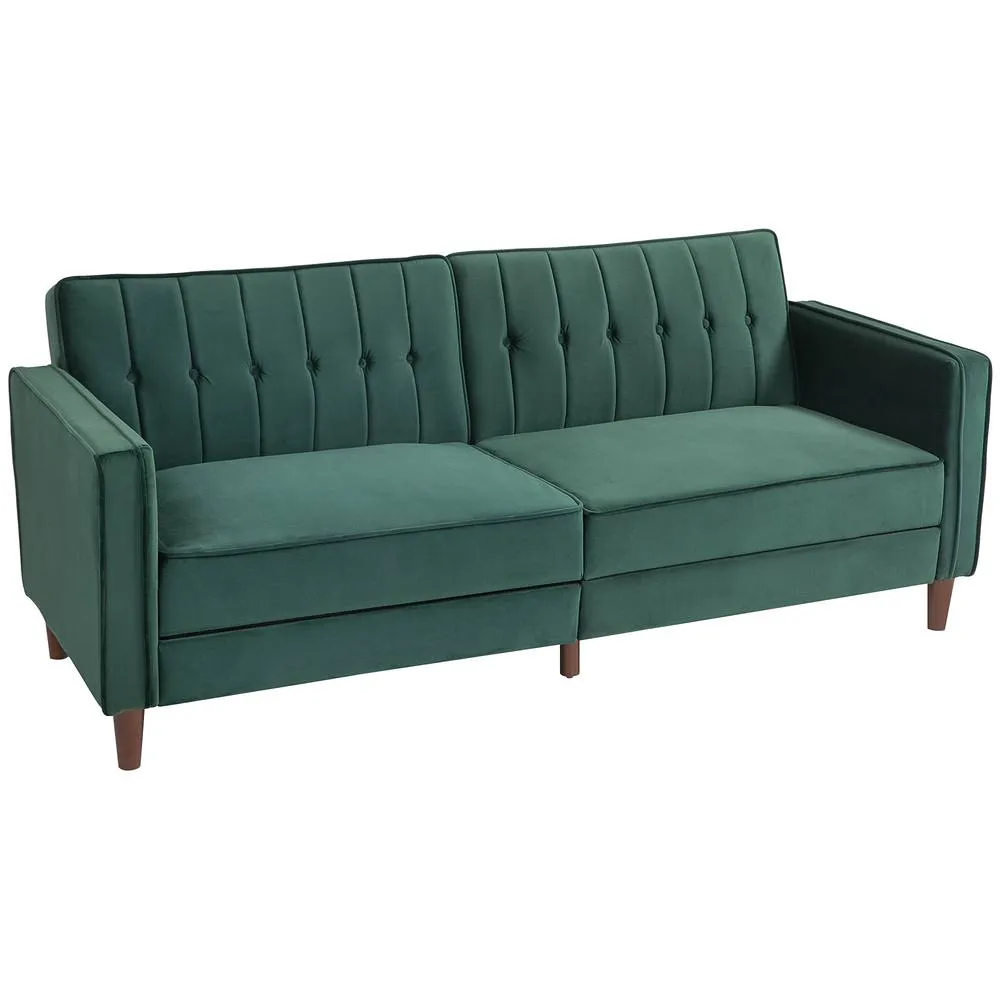 HOMCOM Convertible Sofa Futon Velvet-Touch Tufted Couch Sofa Bed Green 2