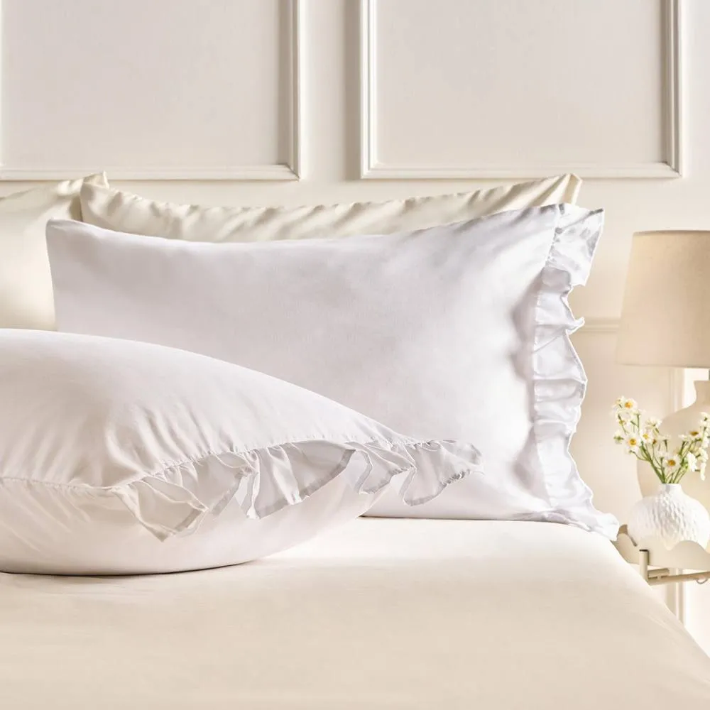 OHS 2 x Frill Edge Decor Pillowcases Microfibre Pillow Covers in White
