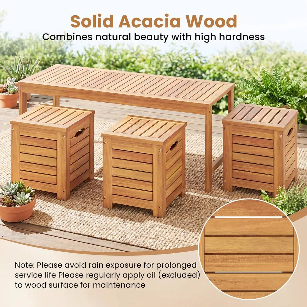Costway 4PCS Outdoor Bench &Storage Box Set Acacia Wood Patio Bench&Deck Boxes in Natural 6