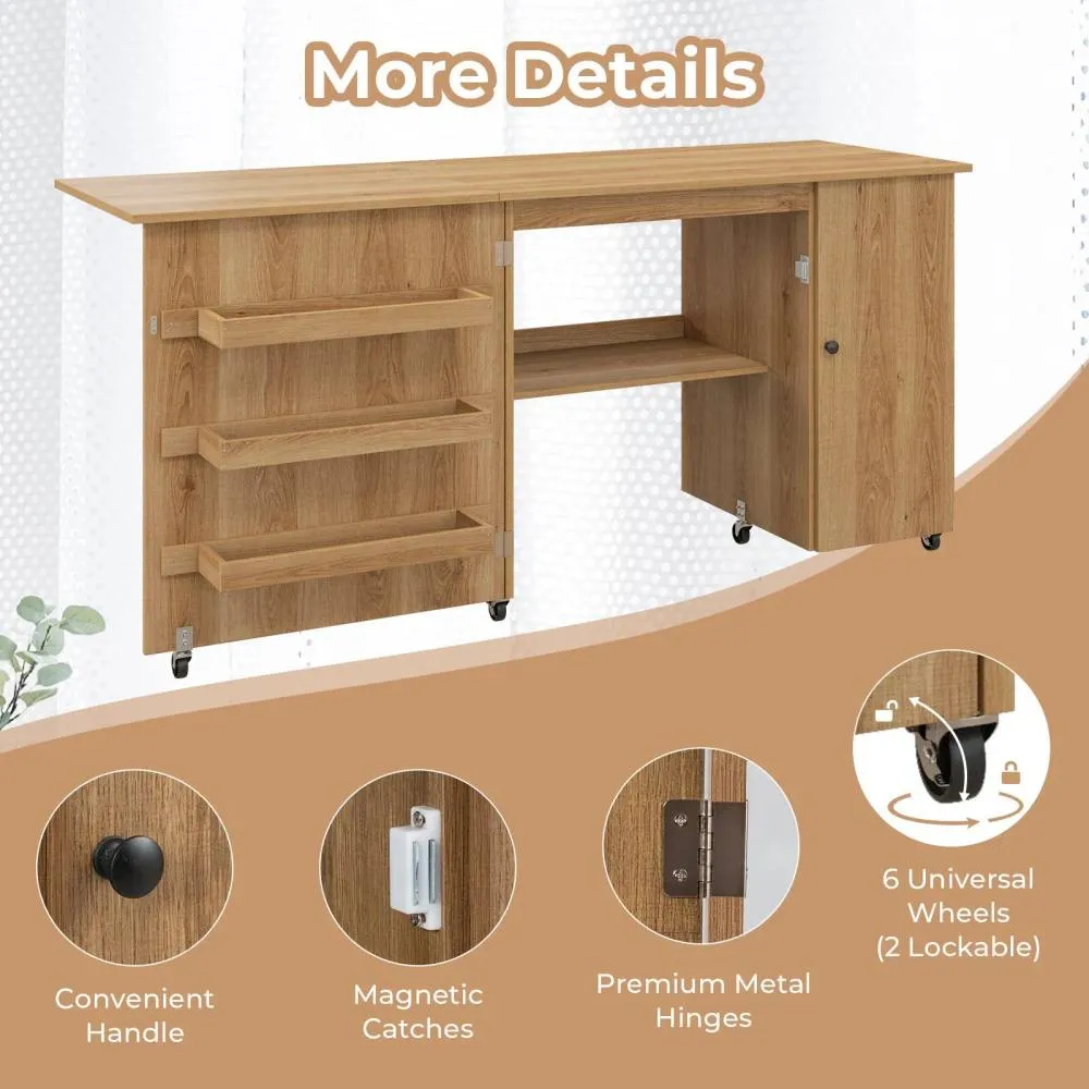 Costway Large Foldable Sewing Table Rolling Drop Leaf Craft Table with Lockable Casters in Natural 5