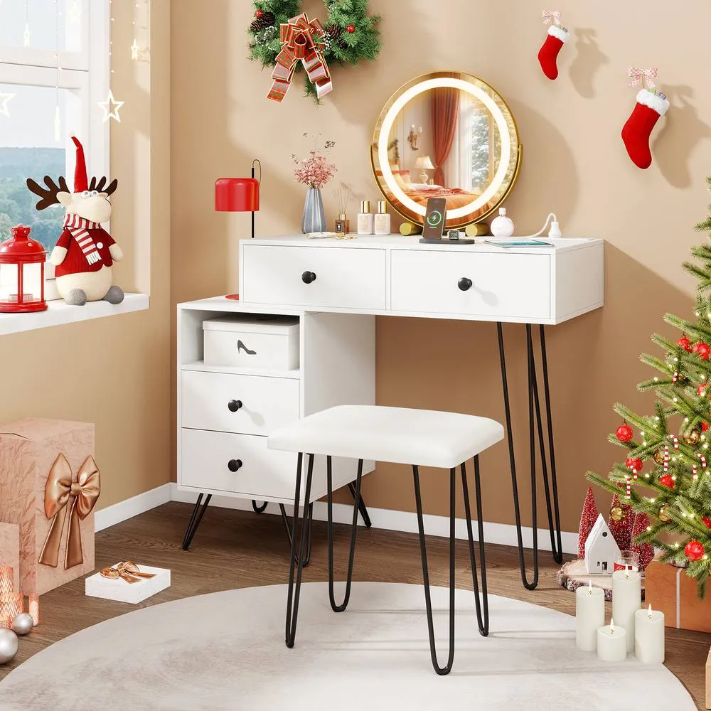 Costway Makeup Vanity Desk Modern Dressing Table Set w/Mirror & Lights-White in White 5
