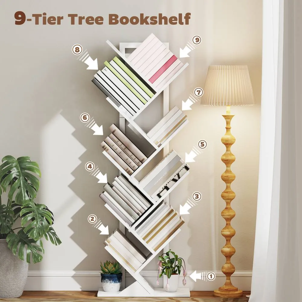 HOMCOM 9-Tier Tree Bookshelf with Steel Frame for Living Room, White 4